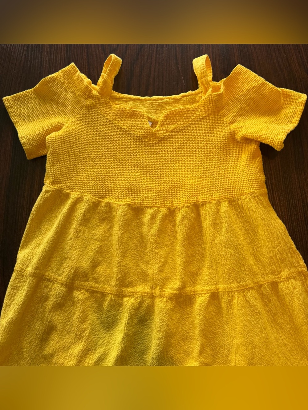 Dunes Women’s Yellow Waffle Knit Cotton Tiered Maxi Dress Cold Shoulder Size M⁠